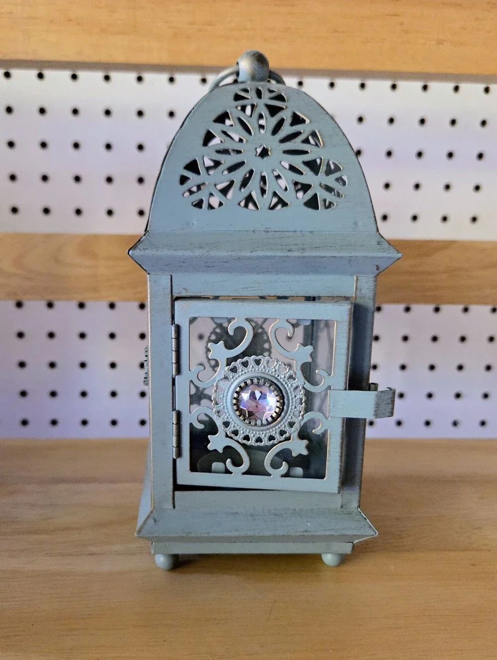 Decorative Blue Distressed Metal Lantern with Jewel Accents